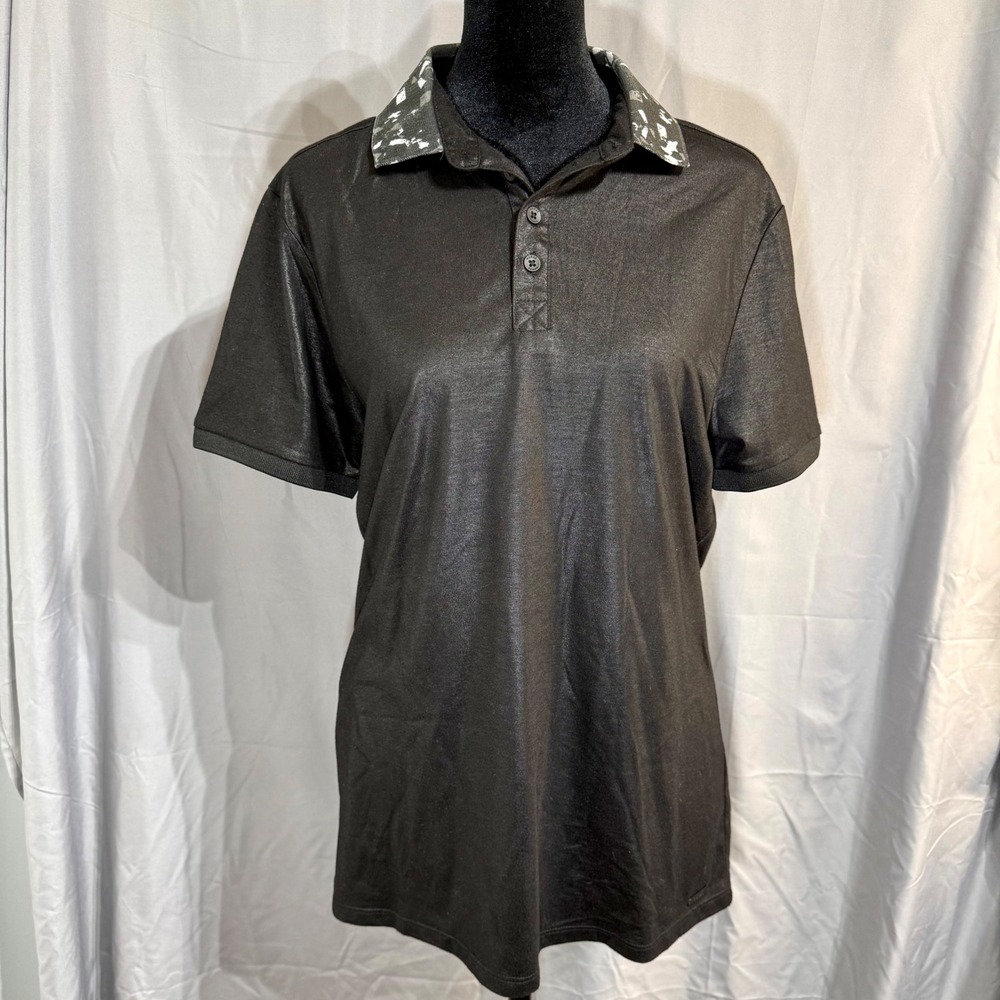 Guess Womens Black Metallic Polo Shirt Short Sleeve Camo‎ Collar Size S